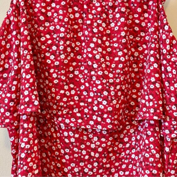 Hippie Rose Red Daisy Dots Floral Spaghetti Strap Flowy Ruffle Womens Top M - Picture 2 of 5